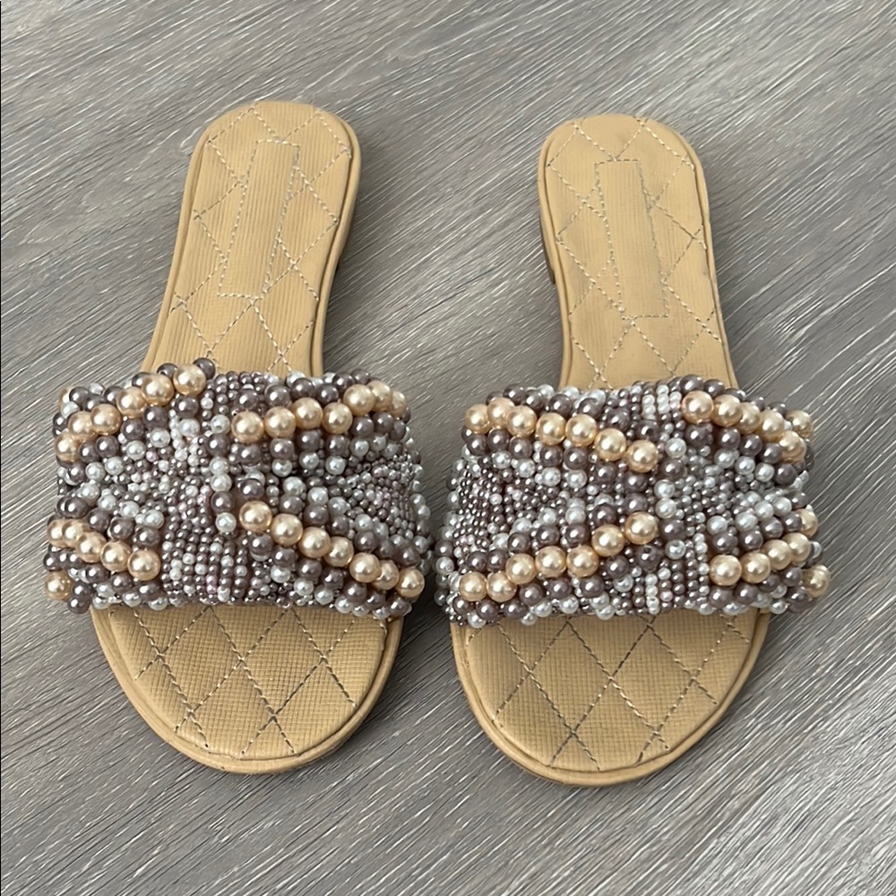 Pearl Beaded Slide Sandals - Tan